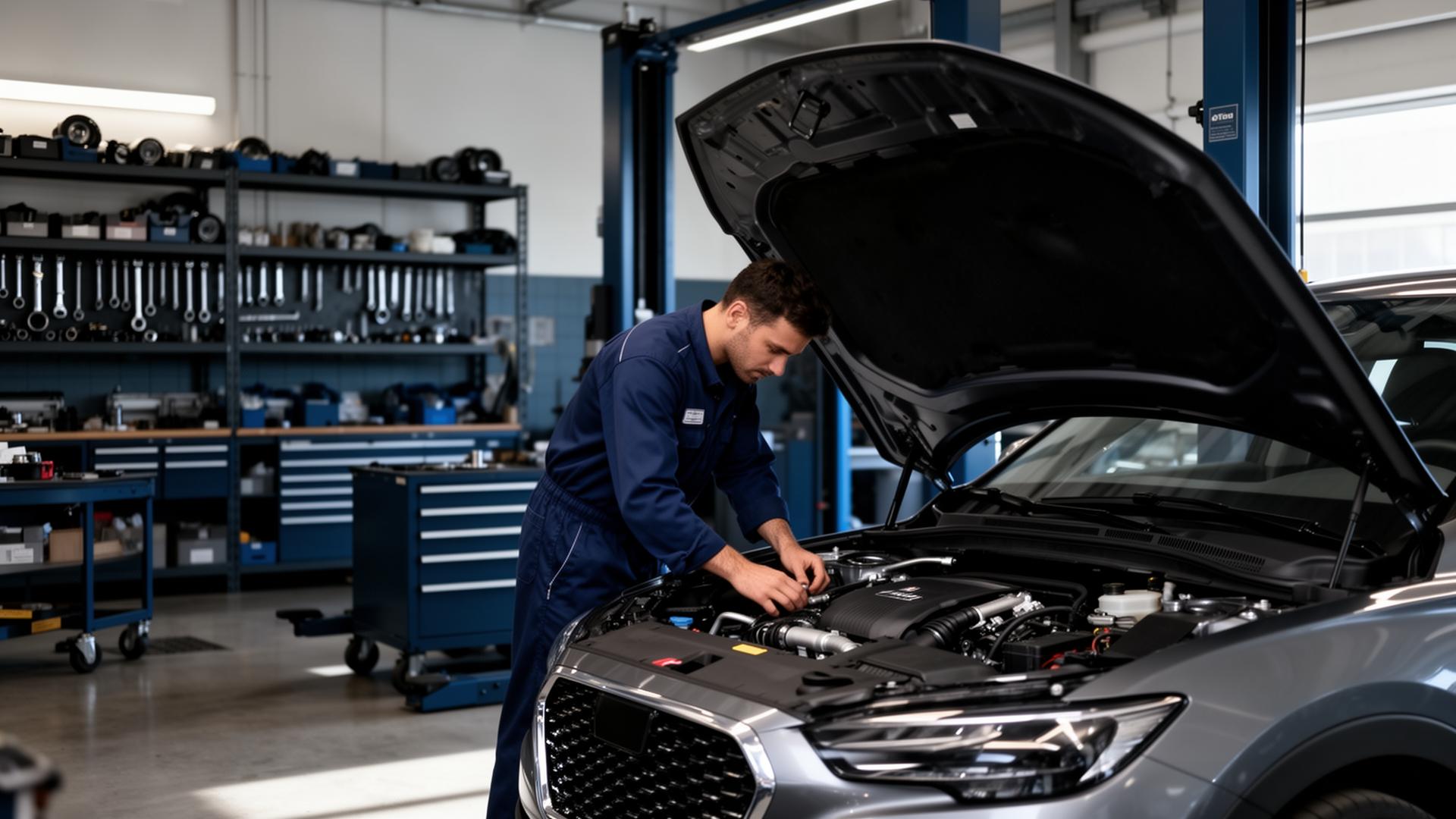 Taller mecánico profesional con técnico trabajando en un vehículo